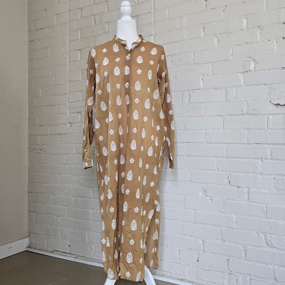 Moismont Paris 100% Cotton Block Print Maxi Tunic Dress Mustard T2 M/L Lagenlook
